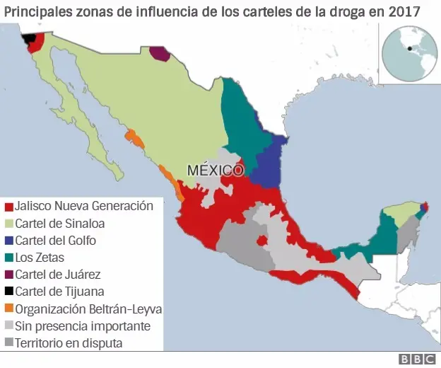 Principales zonas de influencia de los cárteles 2017. BBC